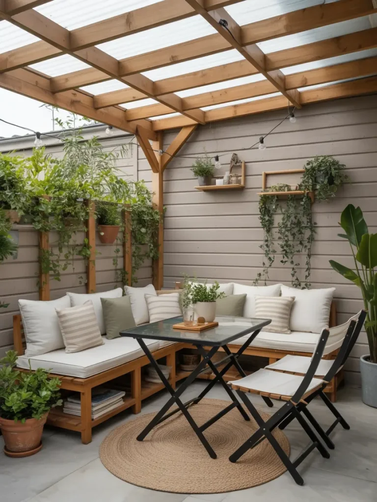 Small covered patio with wooden pergola, cozy seating area, and potted greenery.