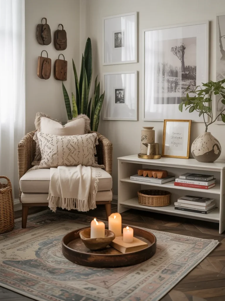 Cozy living room nook with wicker chair, layered pillows, candles on a tray, and decorative wall art for a warm inviting touch.