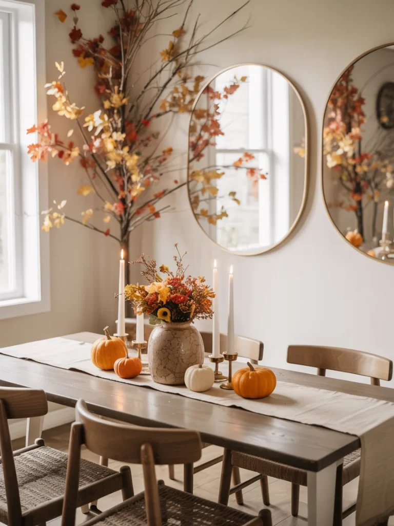 Small dining room with fall decor featuring pumpkins, floral centerpiece, and candles.