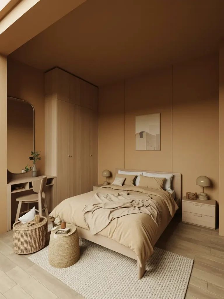 Small earthy bedroom design with warm beige tones, wooden furniture, woven accents, and cozy natural textures.