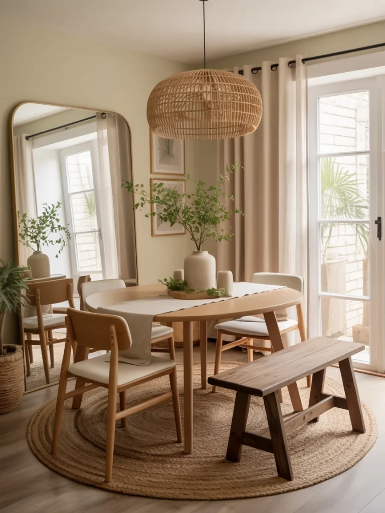 Small earthy dining room with round wooden table, woven rug, and rattan pendant light.