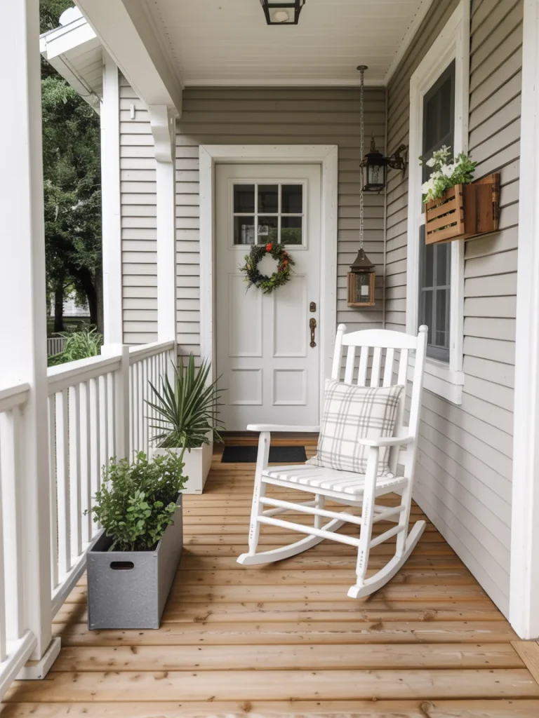 Small farmhouse front porch with white rocking chair, plaid cushion, potted plants, and a welcoming front door wreath.