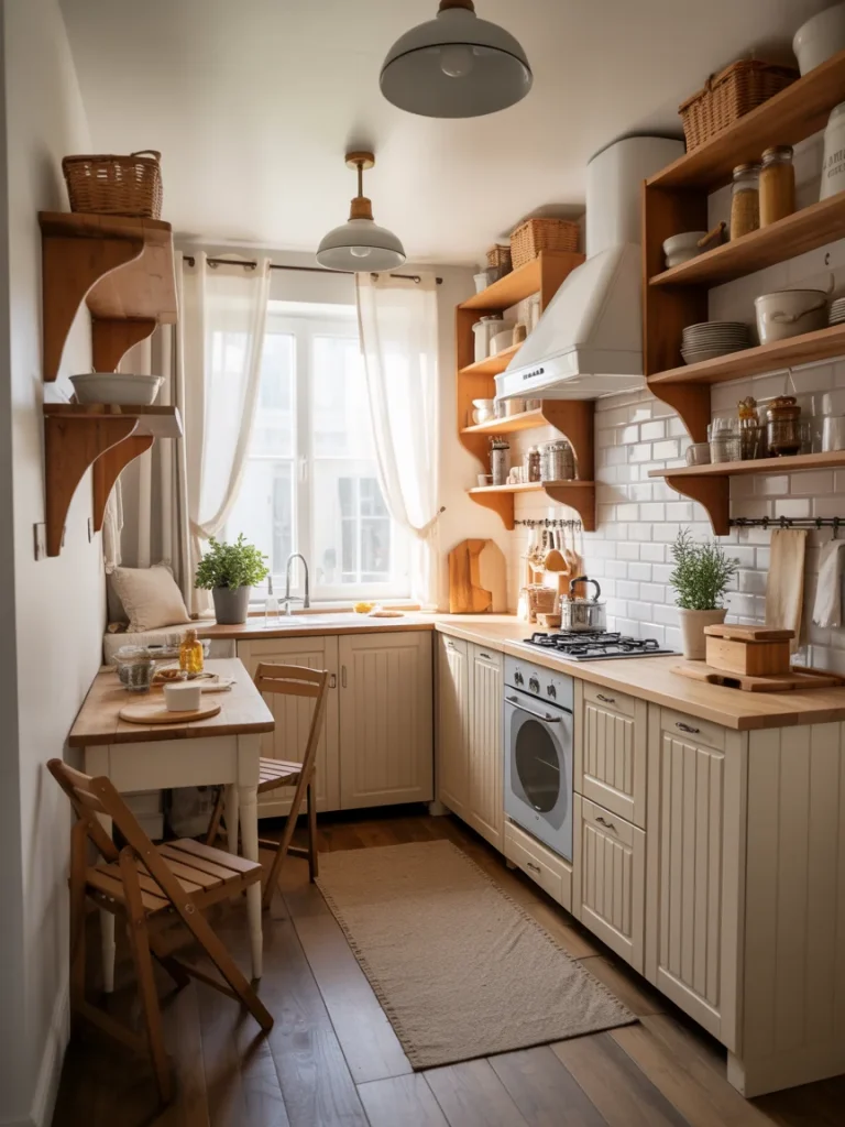 Cozy small farmhouse kitchen with open wooden shelving, white beadboard cabinets, and natural light from a window with sheer curtains.