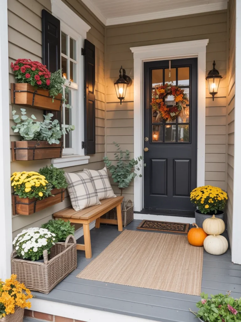 Small front porch decorated for fall with mums, pumpkins, a plaid pillow bench, and a fall wreath on the black door.