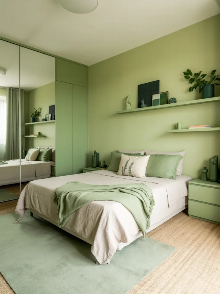 Small green bedroom with light green walls, modern furniture, and cozy bedding.