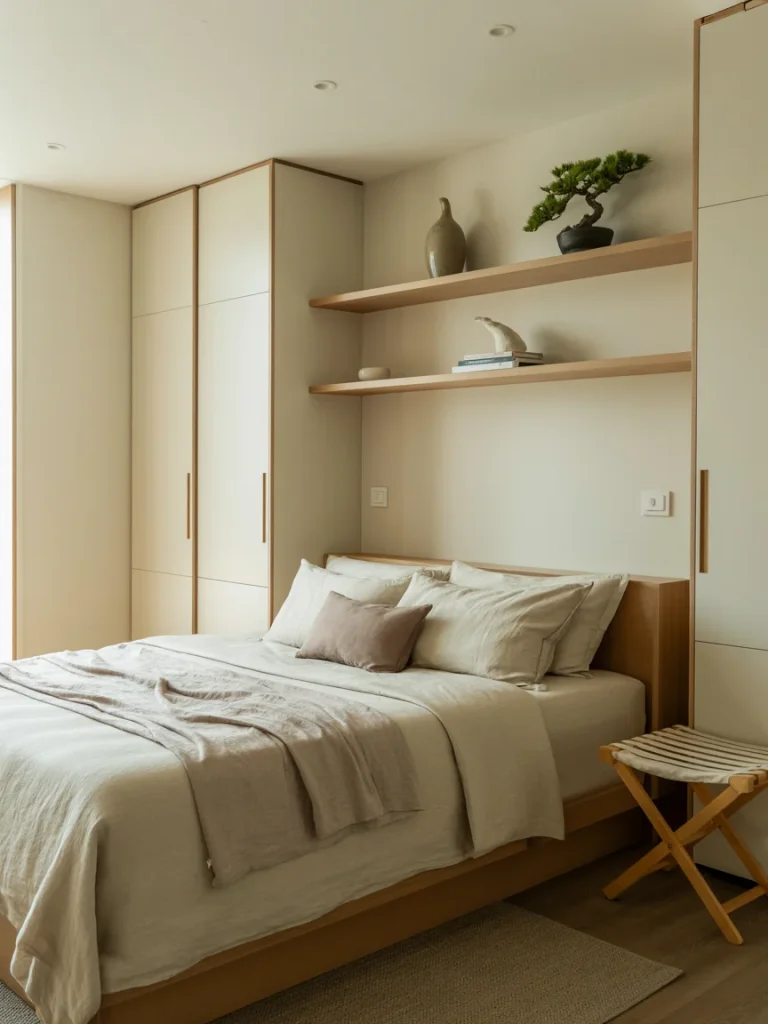 Small Japandi bedroom with built-in storage, neutral bedding, and minimalist décor.
