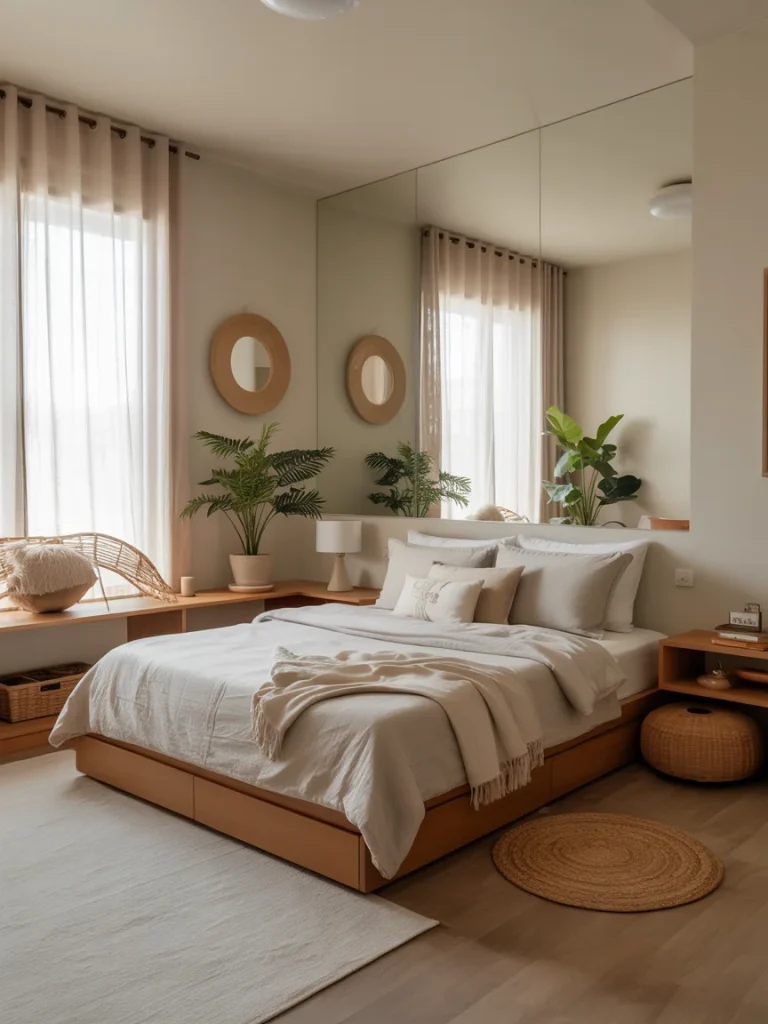 Small Japanese boho bedroom with neutral tones, soft linens, natural wood furniture, and greenery creating a calm minimalist space.