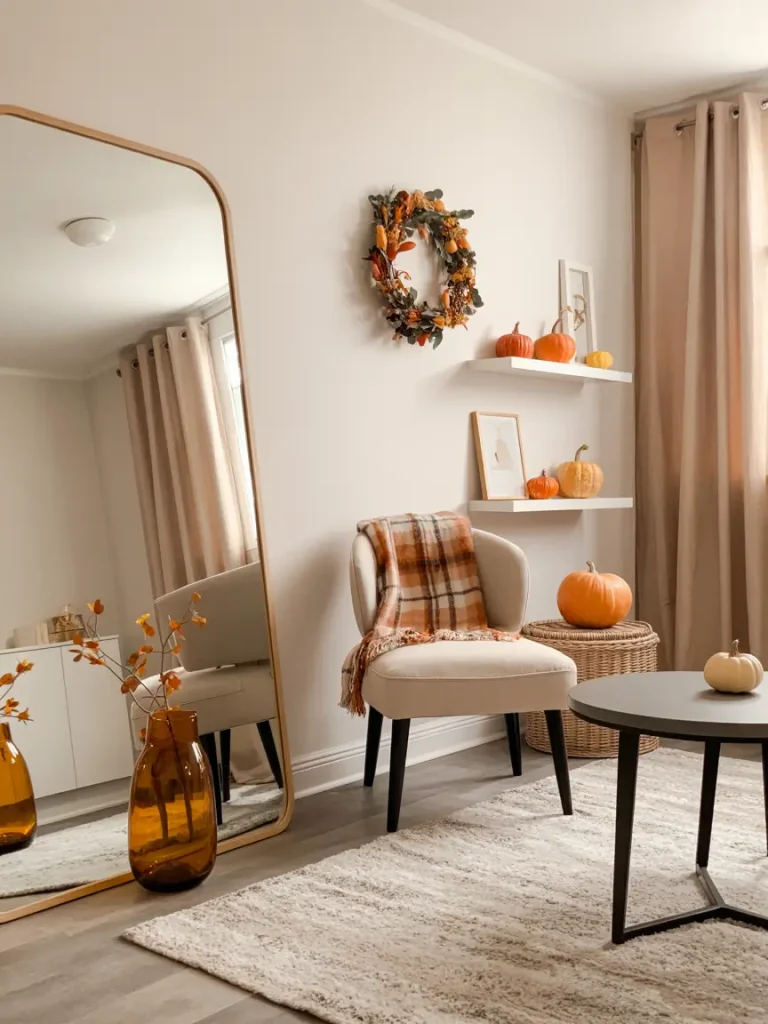 Small living room decorated for fall with pumpkins, plaid throw blanket, and autumn wreath.