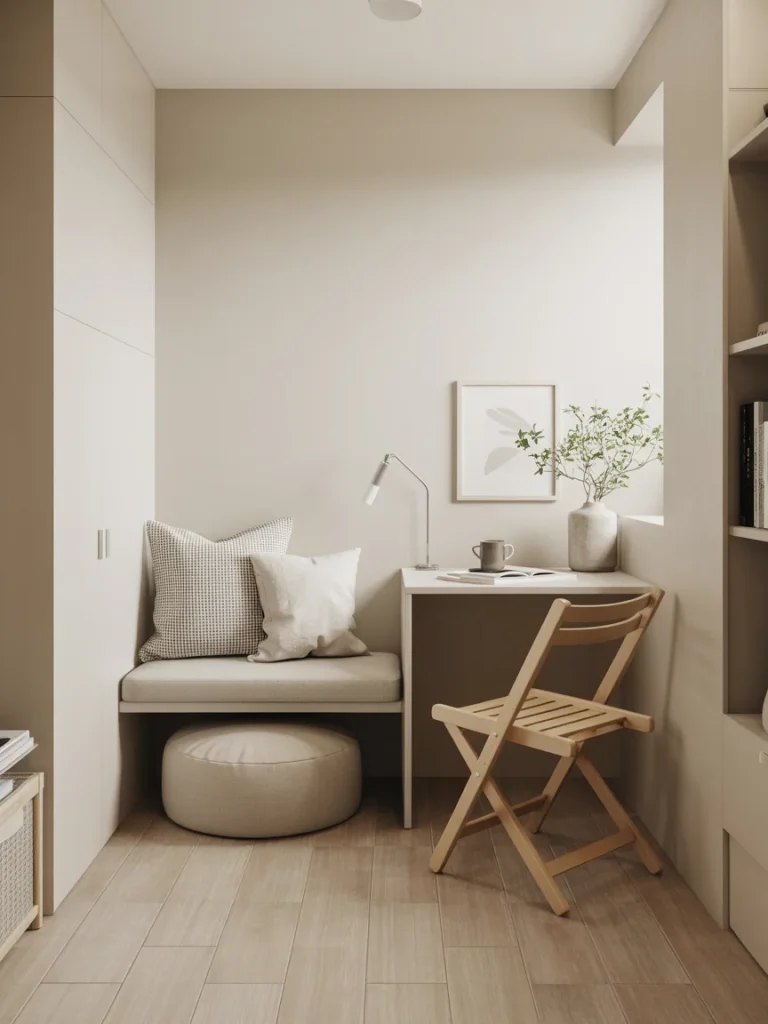 Minimalist small living room nook with built-in bench, desk, and folding chair.