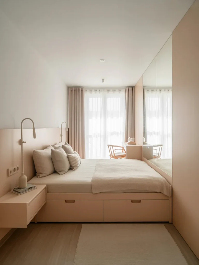 Minimalist small Scandinavian bedroom with built-in storage, neutral bedding, and soft natural light.