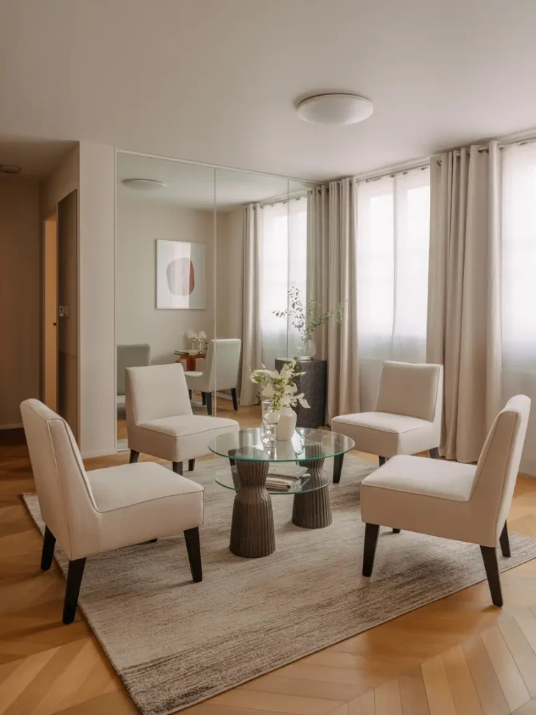 Small space living room with four armless chairs around a glass coffee table on a neutral rug.