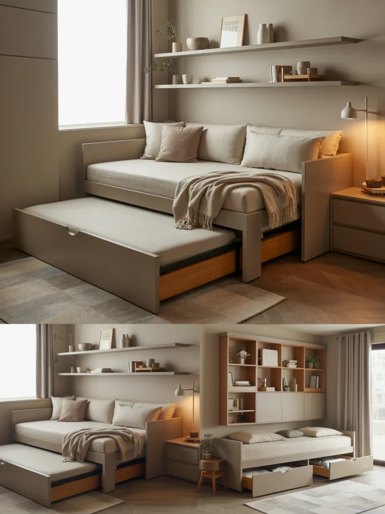 Modern daybeds with pull-out trundle and storage drawers for small spaces.