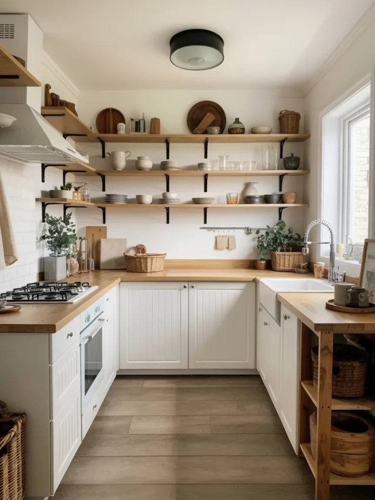 Small white farmhouse kitchen with open wood shelves, natural countertops, and rustic accessories.