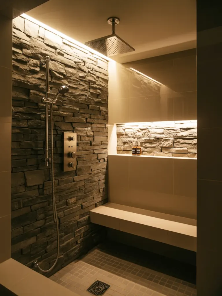 Luxurious spa-inspired modern shower with stone accent wall, rainfall showerhead, built-in bench, and warm ambient lighting.