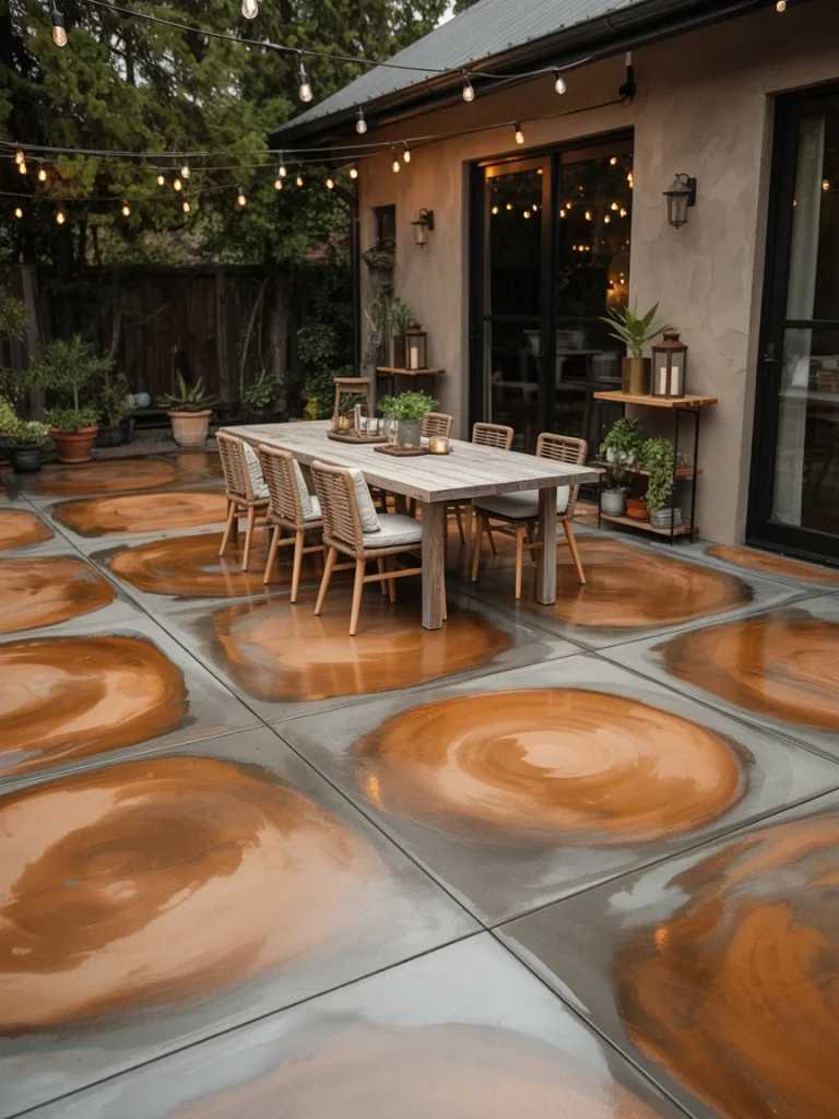 Stained concrete patio with unique circular patterns and outdoor dining setup.
