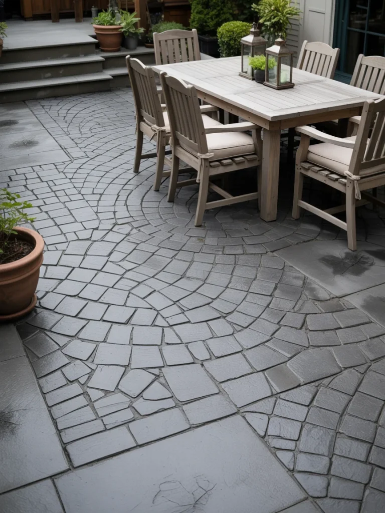 Stamped concrete patio with intricate stone patterns and outdoor dining set.