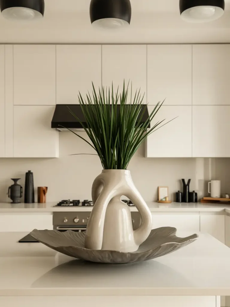 Modern kitchen island with a bold sculptural vase centerpiece holding tall greenery.