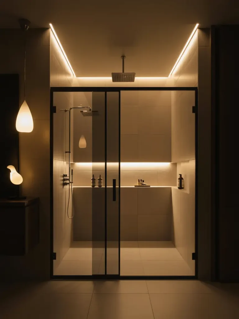 Modern shower with statement lighting featuring warm LED strips on the ceiling and walls, highlighting a glass-enclosed design with a rainfall showerhead.