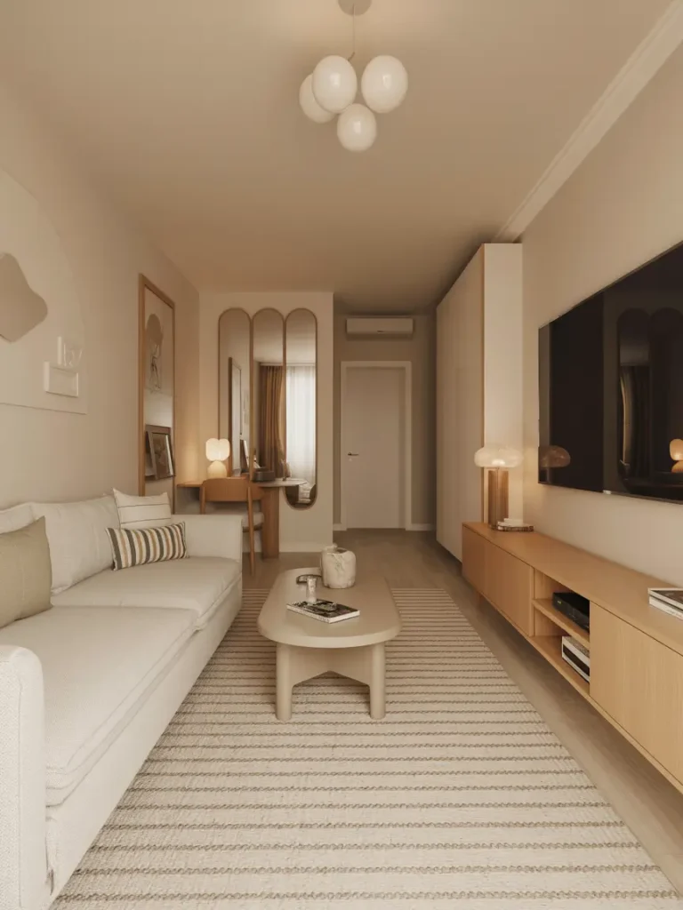 Neutral-toned living room with a striped carpet that visually elongates the space, paired with a cream sofa, wooden furniture, and warm accent lighting.