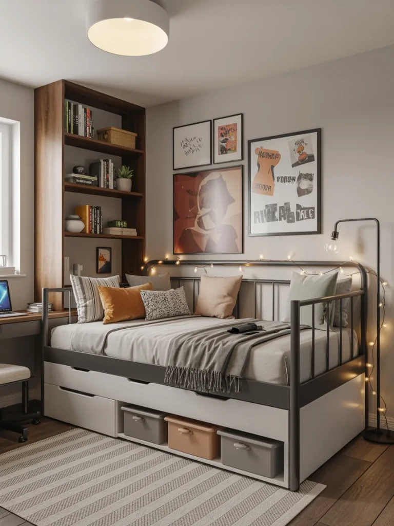 Modern teen bedroom with a gray daybed featuring storage drawers and cozy pillows.
