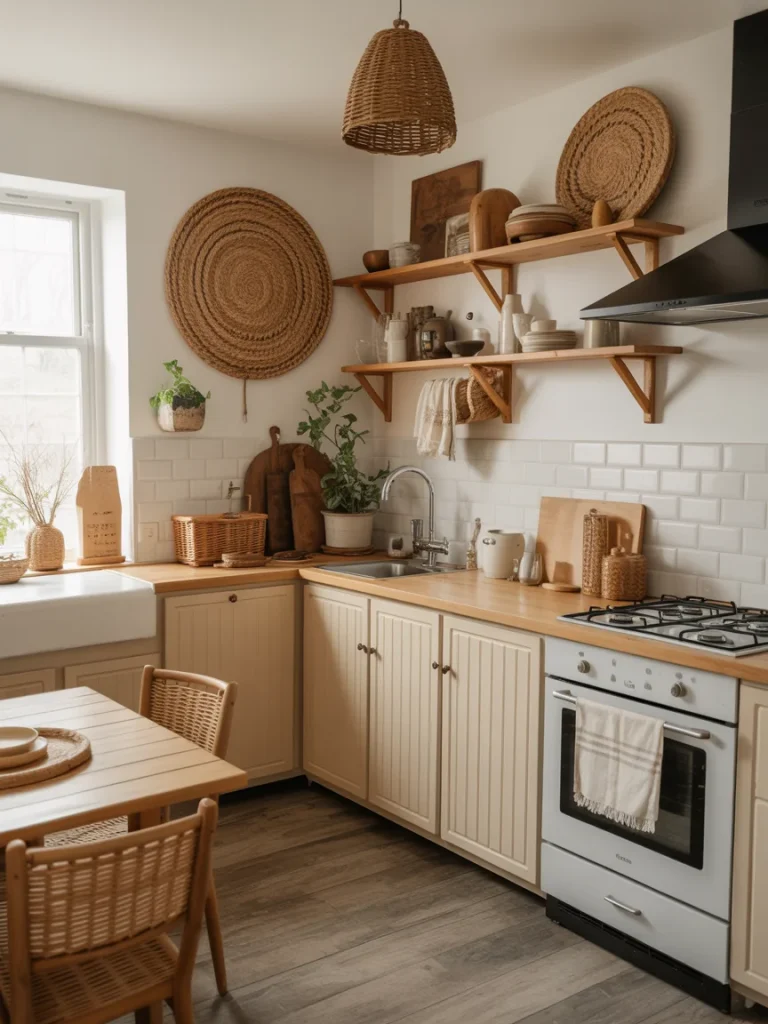 Warm cottagecore kitchen with woven baskets, rattan chairs, soft neutral textiles, and wooden accents.