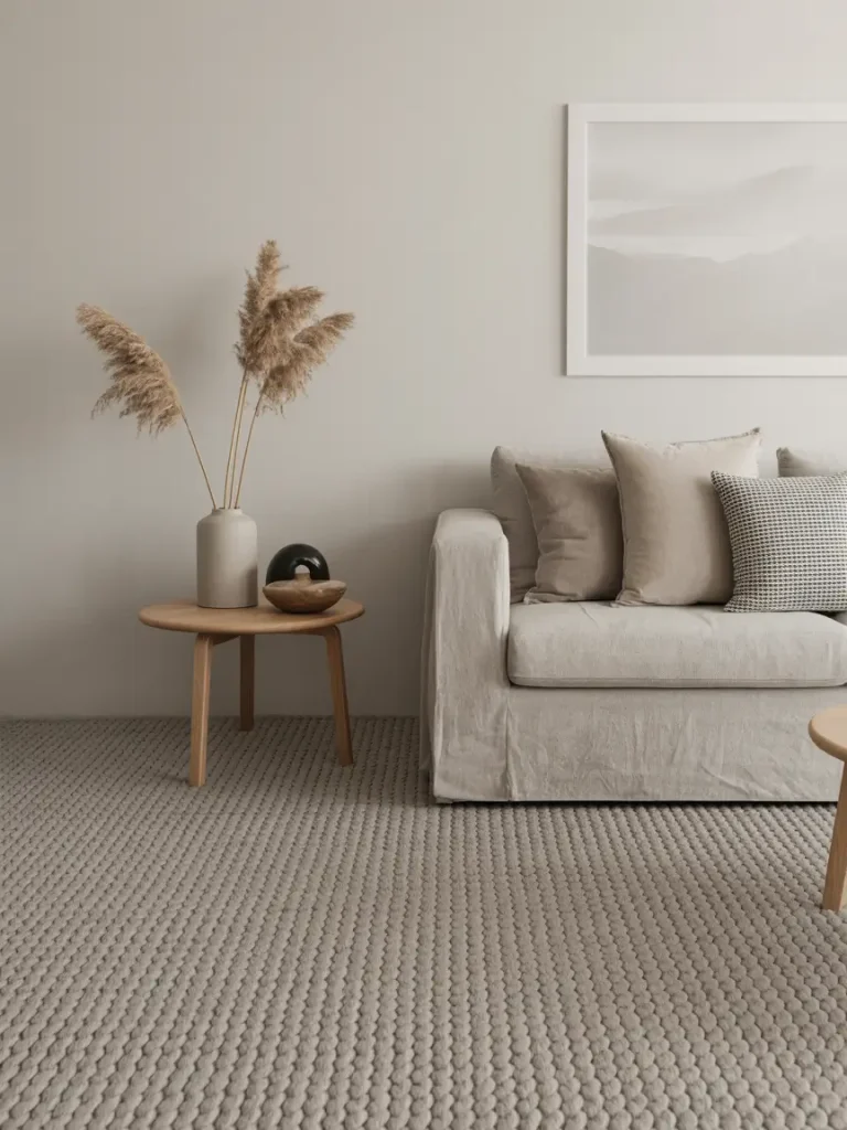 A modern living room with a light beige textured loop carpet, neutral sofa, wooden side tables, and minimalist decor featuring dried pampas grass in a vase.