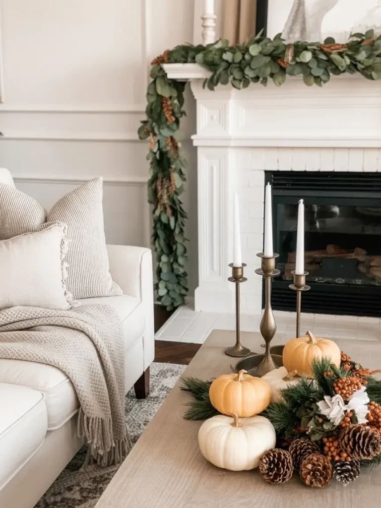 Elegant transitional fall to winter living room decor with white sofa, neutral throw blanket, seasonal pumpkins, pinecones, greenery, and mantel garland.