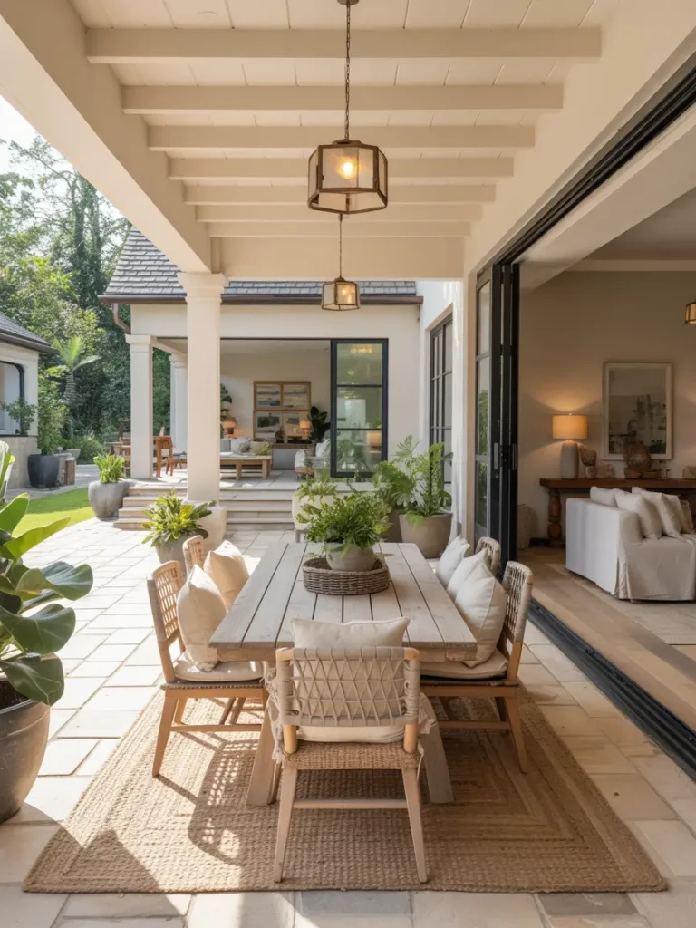 Transitional covered patio with wooden dining table, woven chairs, and seamless indoor-outdoor design.