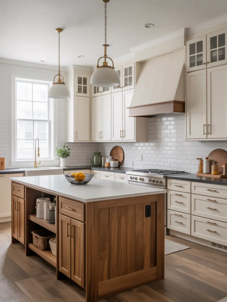 Two-tone kitchen with white cabinets and a natural wood island.