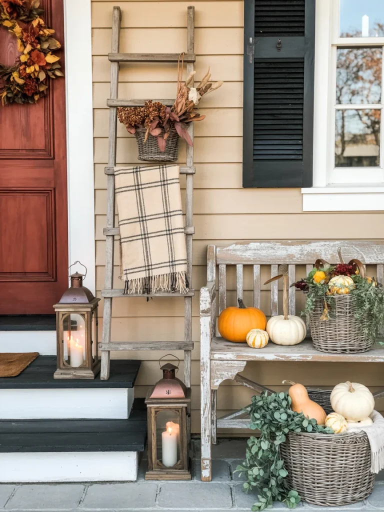 Fall porch with vintage ladder, rustic bench, pumpkins, baskets, and lanterns.