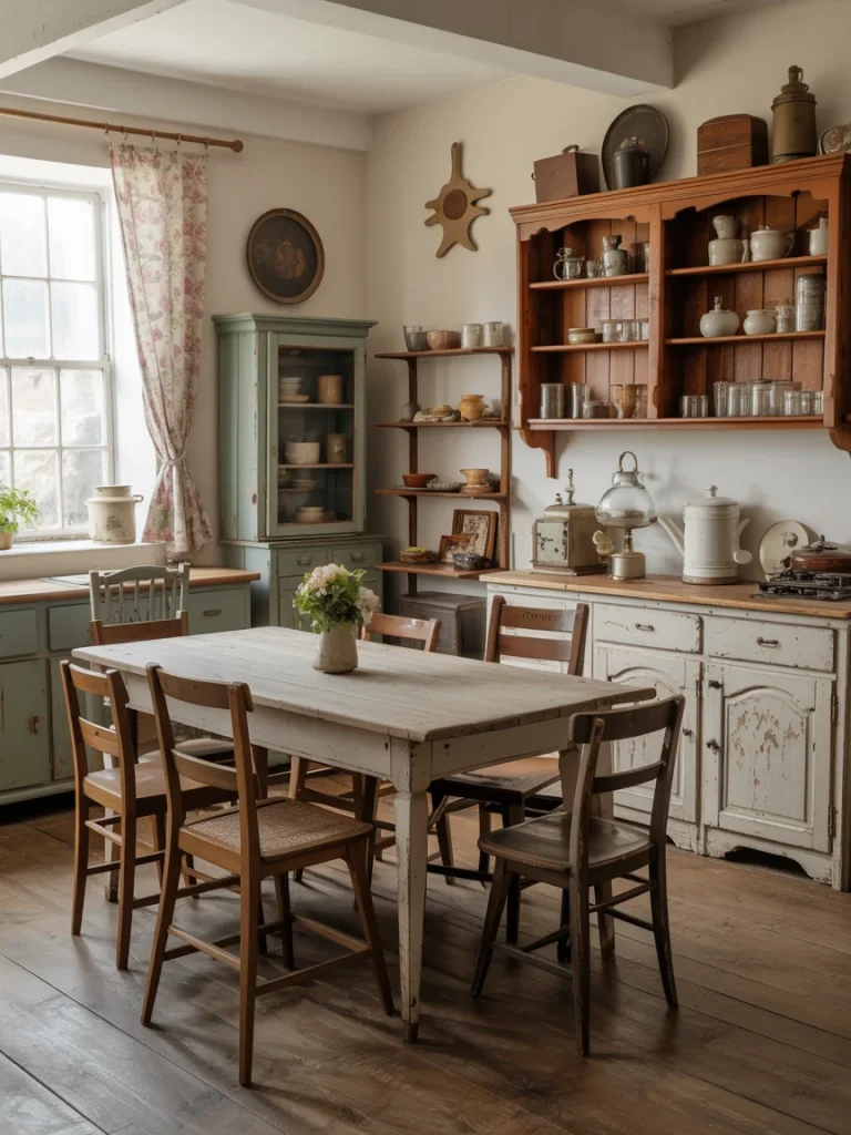 Vintage cottage kitchen with rustic wooden furniture and open shelving.