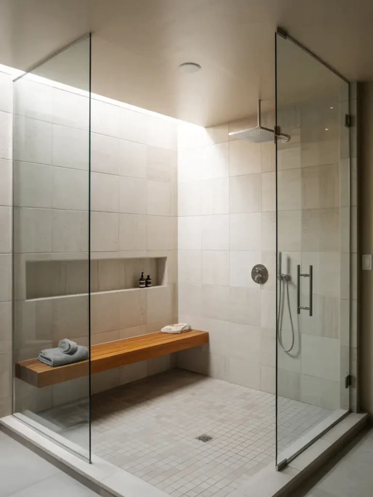 Minimalist walk-in shower with glass walls, a wooden floating bench, and tiled walls in neutral tones for a modern spa-like design.