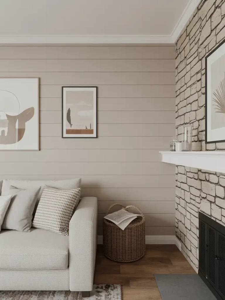 Basement living room with beige horizontal shiplap wall and stone fireplace accent, styled with a modern sofa and woven basket decor.