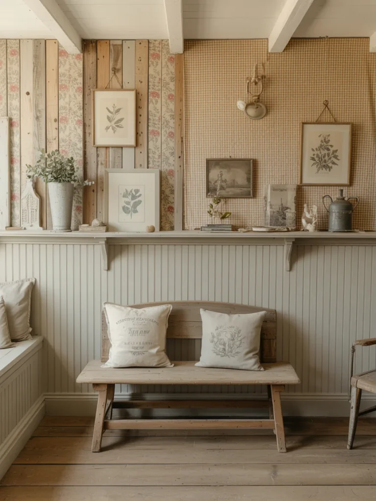 Rustic country cottage wall with floral wallpaper, framed artwork, and wooden bench with decorative pillows.