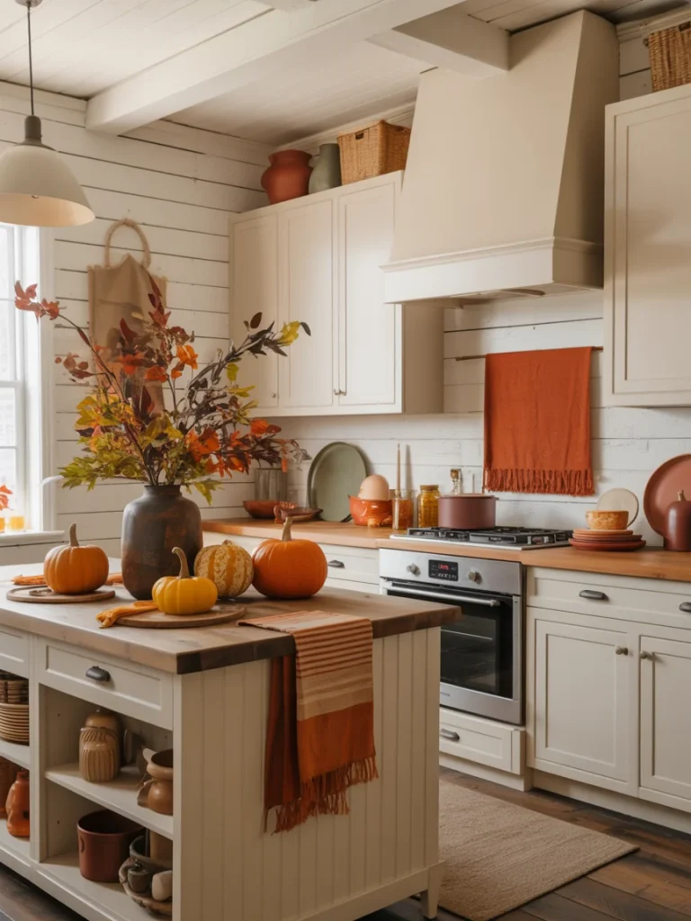 Warm autumn kitchen decor with pumpkins, rustic vases, and earthy orange accents on white cabinetry.