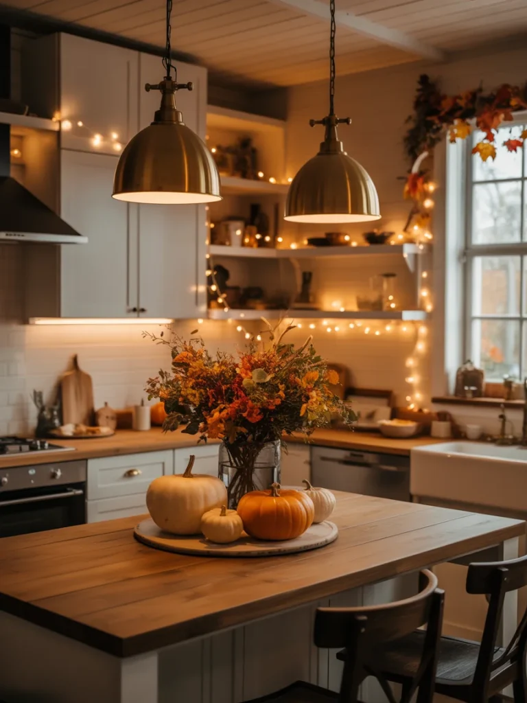 Cozy fall kitchen with warm pendant lighting, fairy lights, pumpkins, and autumn floral centerpiece.