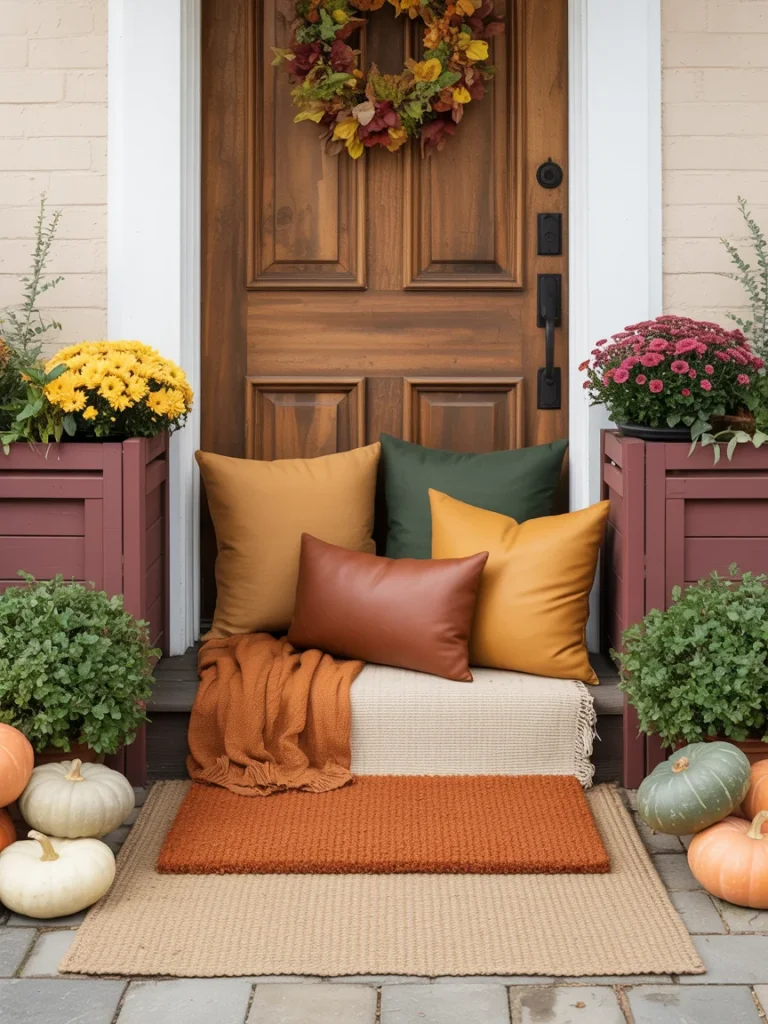 Fall entryway decorated with pumpkins, colorful mums, cozy pillows, and a seasonal wreath on a wooden door.