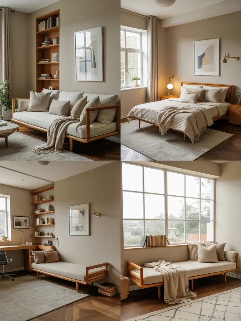 Modern wooden daybeds styled in living room, bedroom, office, and window nook settings.