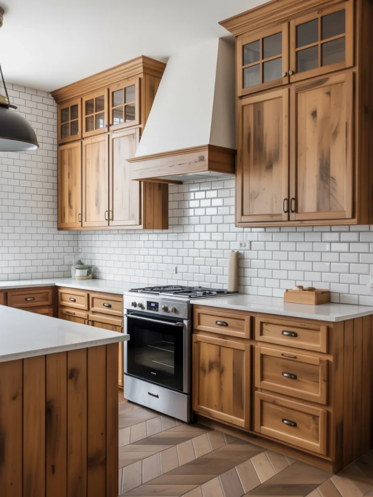 Kitchen with white subway tile backsplash and natural wood cabinets.