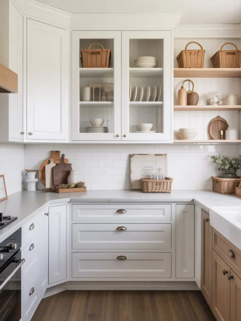 White farmhouse kitchen with glass-front cabinets and open wooden shelves.