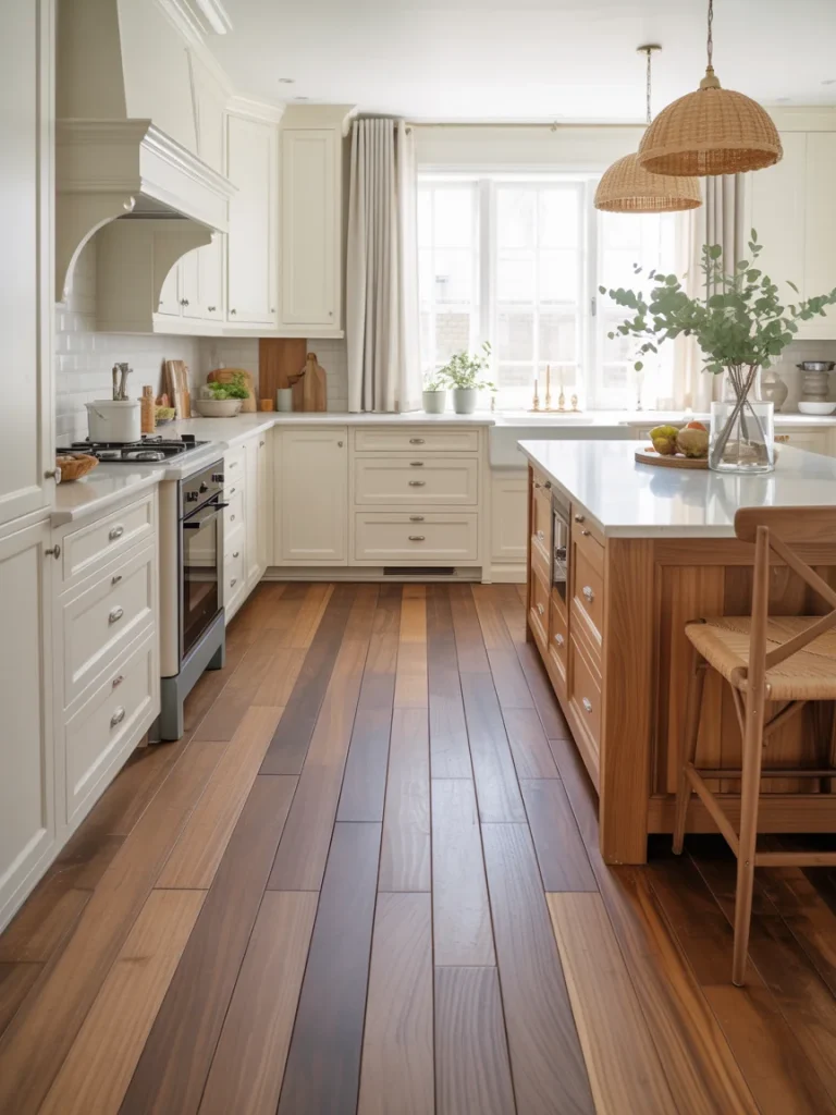 White kitchen with wooden flooring and natural wood island.