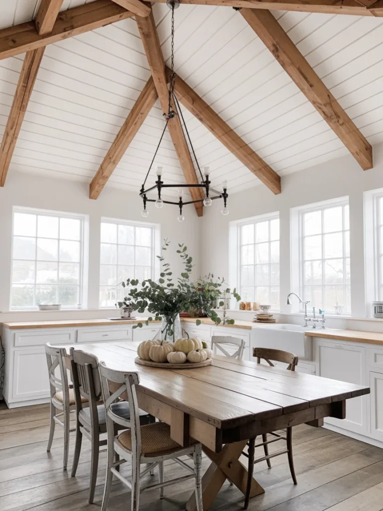 Farmhouse dining area with white walls, rustic wood ceiling beams, and a wooden table decorated with pumpkins and greenery.