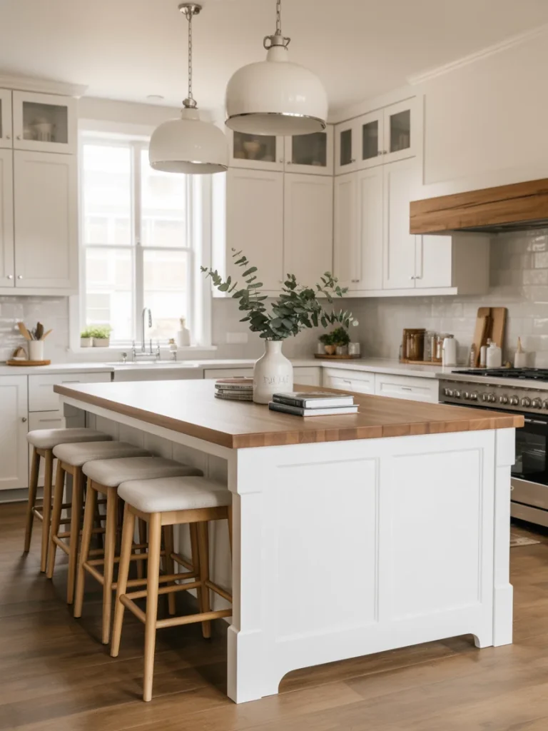 Bright kitchen with a white island featuring a warm wood countertop, bar stools, and pendant lighting.