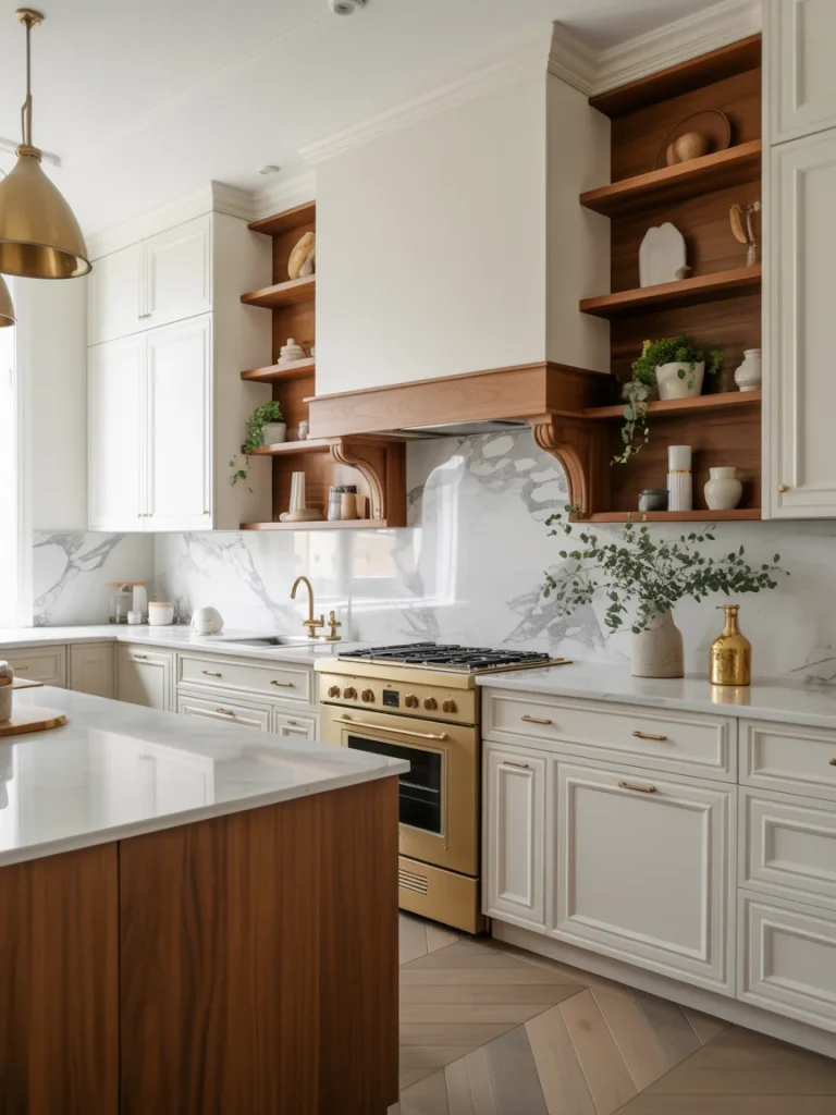 White and wood kitchen with marble backsplash and countertops.