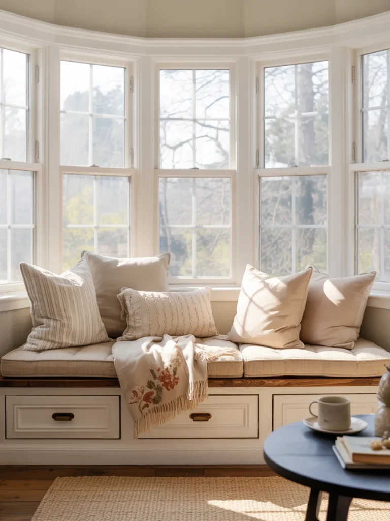 Bright living room window seat nook with cushions, throw blanket, and built-in storage drawers.