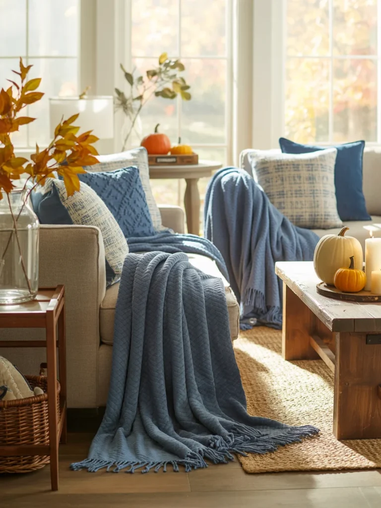 Living room decorated with cozy blue fall accents, pumpkins, and autumn foliage.