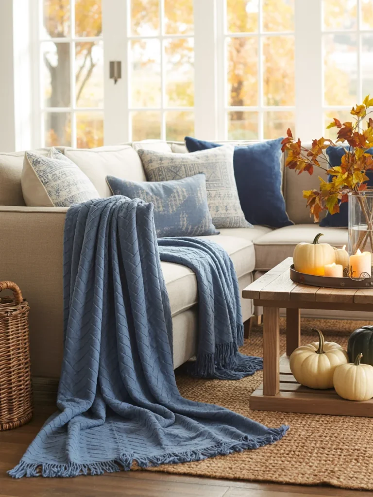 Cozy living room decorated with blue fall accents, including pillows, throw blanket, and autumn-themed centerpiece.