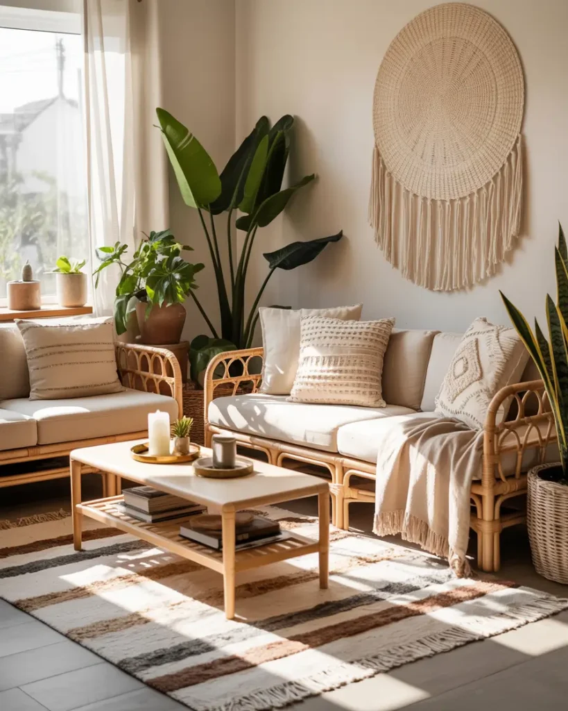 Boho-inspired living room with rattan furniture, neutral cushions, indoor plants, and woven wall art.
