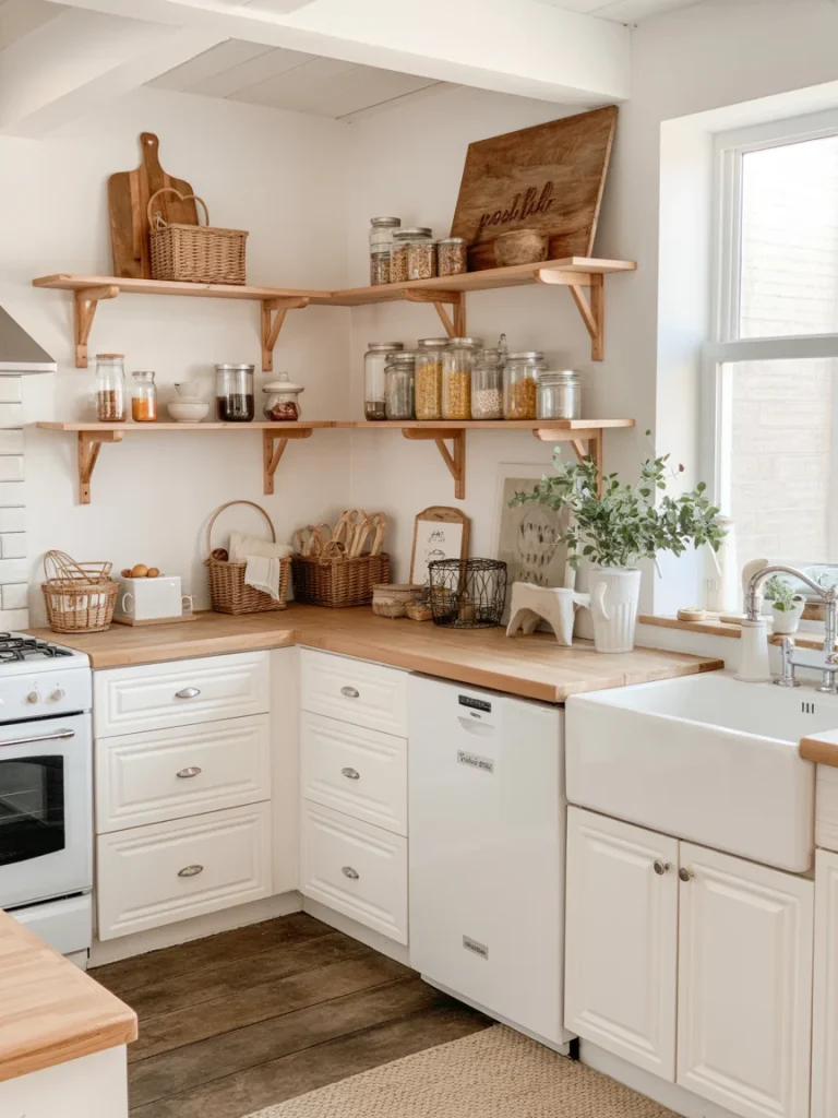 Cozy modern farmhouse kitchen with open wooden shelves, white cabinetry, and rustic decor accessories.