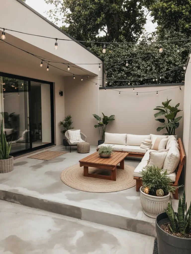 Minimalist concrete patio with cozy seating, string lights, and potted plants.